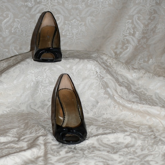 Black Fioni Peep Toe Wedges - Picture 2 of 10